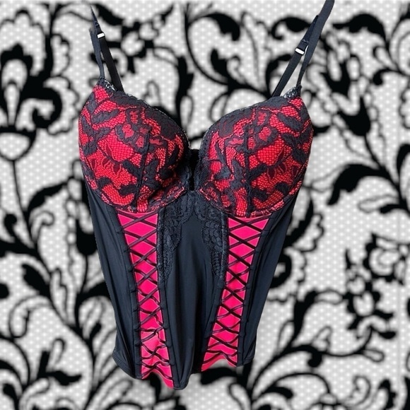La Senza pinup mesh and lace corset bustiere, padded underwire, red & black, M - Picture 1 of 14